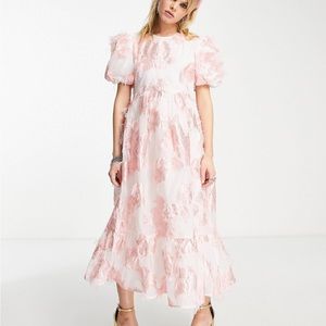 Sister Jane Puff Sleeve MIDI Smock Dress in Pink Jacquard